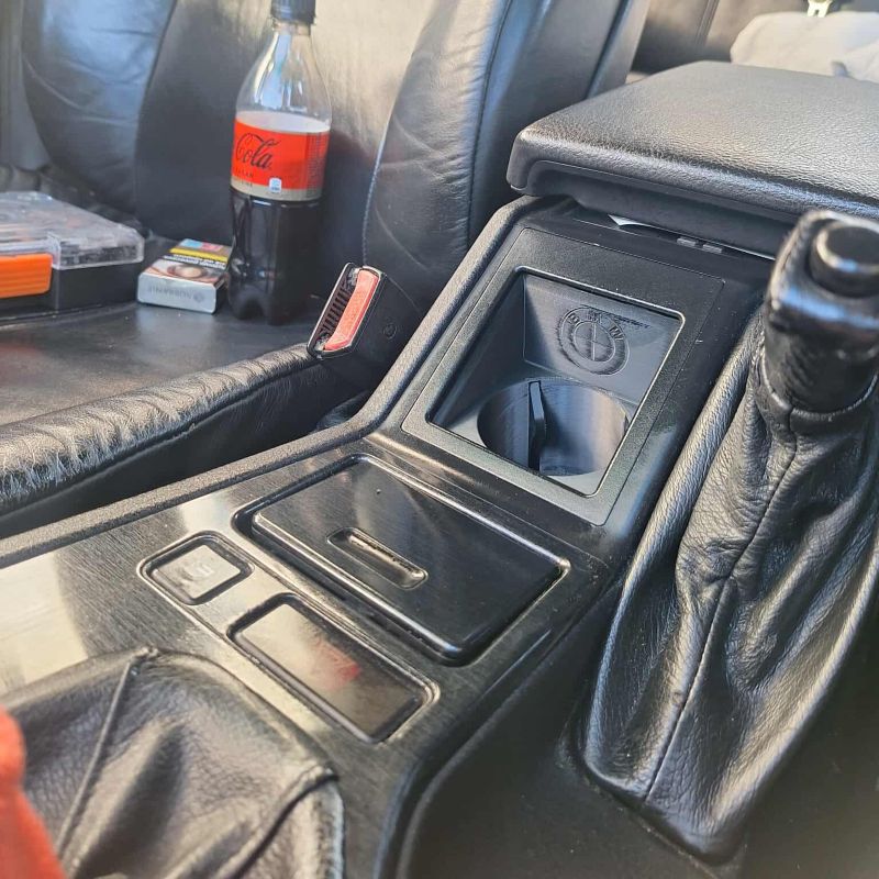 BMW E39 Cupholder installed, angled view